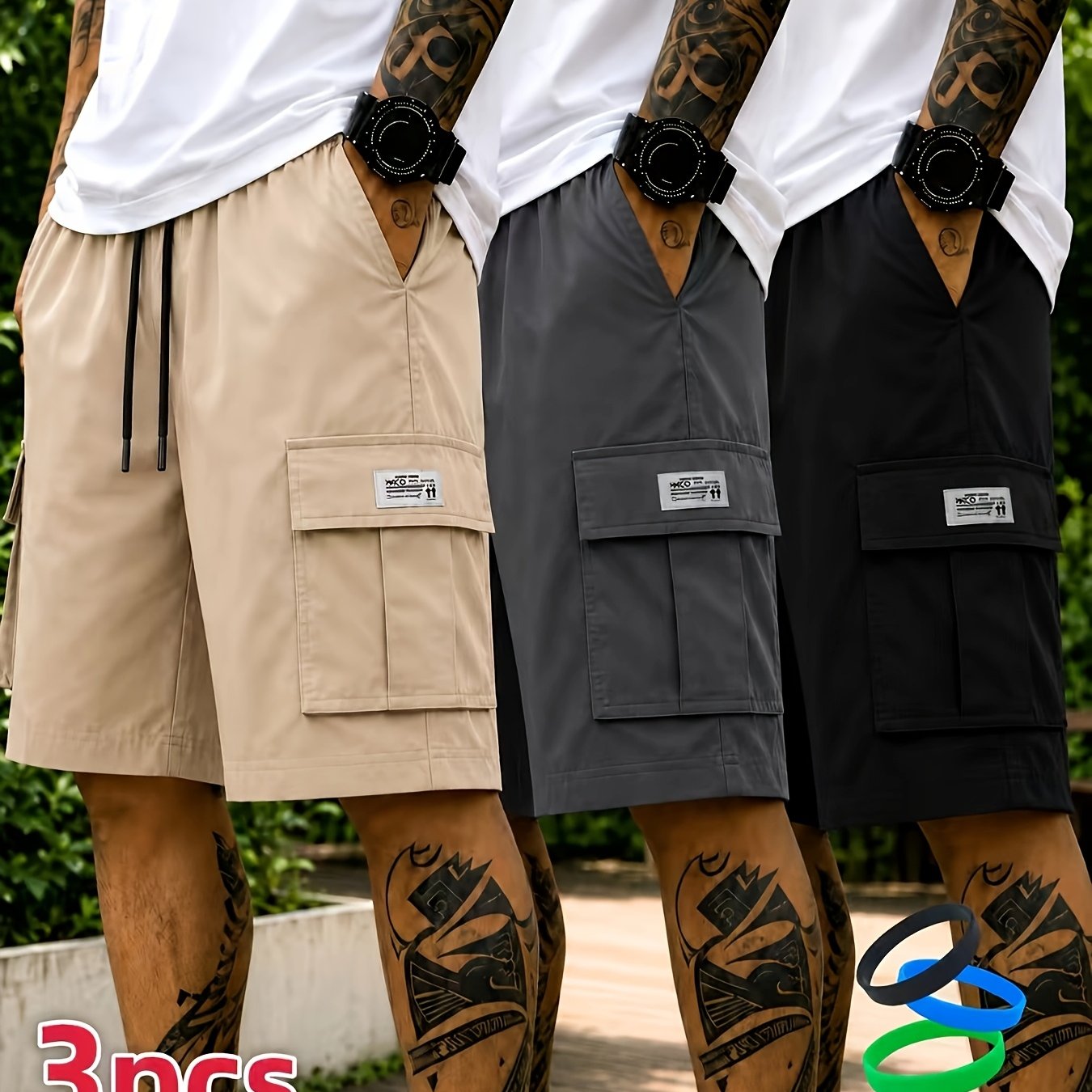 TEMU 3pcs Men's Cargo Shorts, Casual Athletic Shorts - Multi-pocket , (includes Wristband) Adjustable Waist (black, Gray, Khaki) - Outdoor & Travel