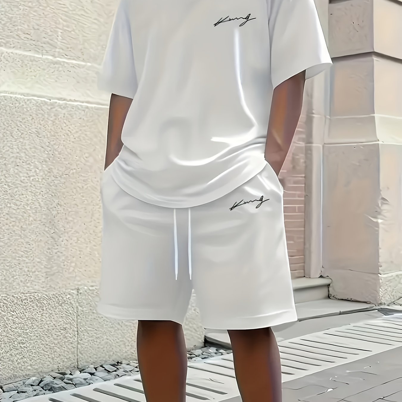 TEMU Conjunto de Dos Piezas para Hombre de Cen Han: Camiseta de Manga Corta con Cuello y Shorts con Cordón, Estilo Casual y Moderno para Deportes de