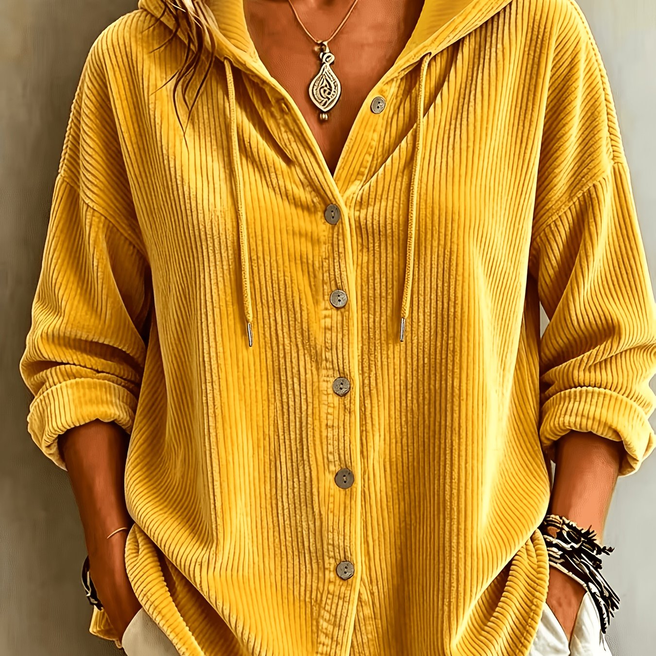TEMU Vertical Welt-piped Textured Corduroy Hooded Shirt, Single-breasted With Full Open , Loose Drop Shoulder Long Sleeves, Women's Relaxed