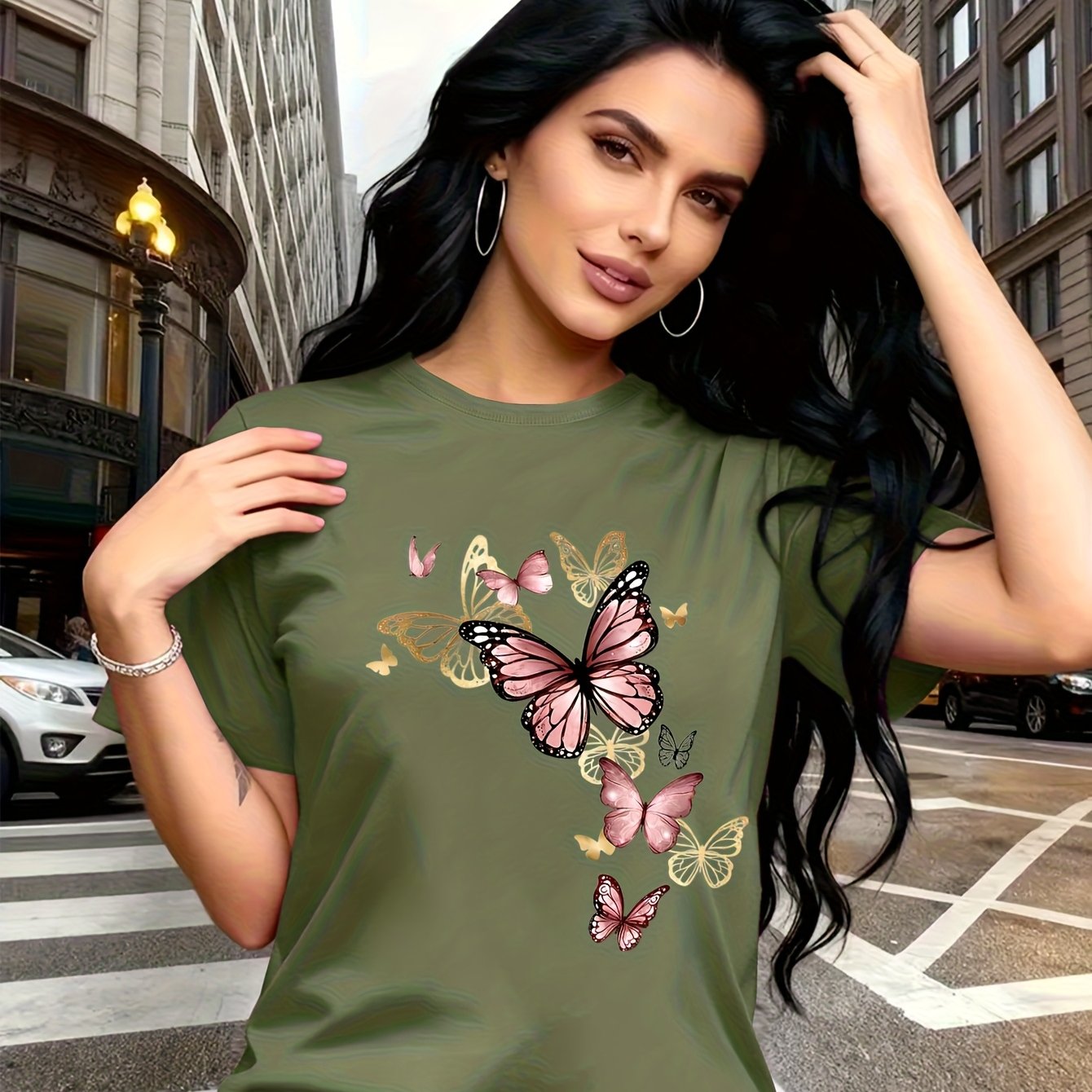 TEMU Estampado de mariposas estilo acuarela, camiseta transpirable de moda, viajes familiares, campus, casual, desplazamiento diario, conjunto para