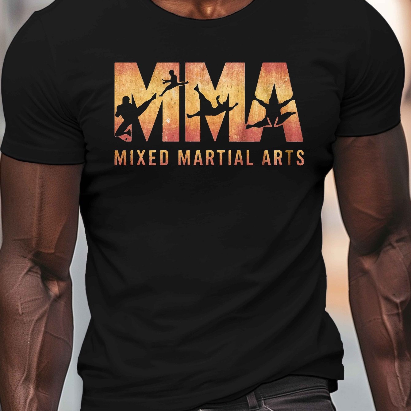 TEMU T-shirt par le MMA pour Hommes - Polyester Léger, Col Rond, Manches Courtes avec Imprimé Silhouette Martiaux - Idéal pour le Port Décontracté