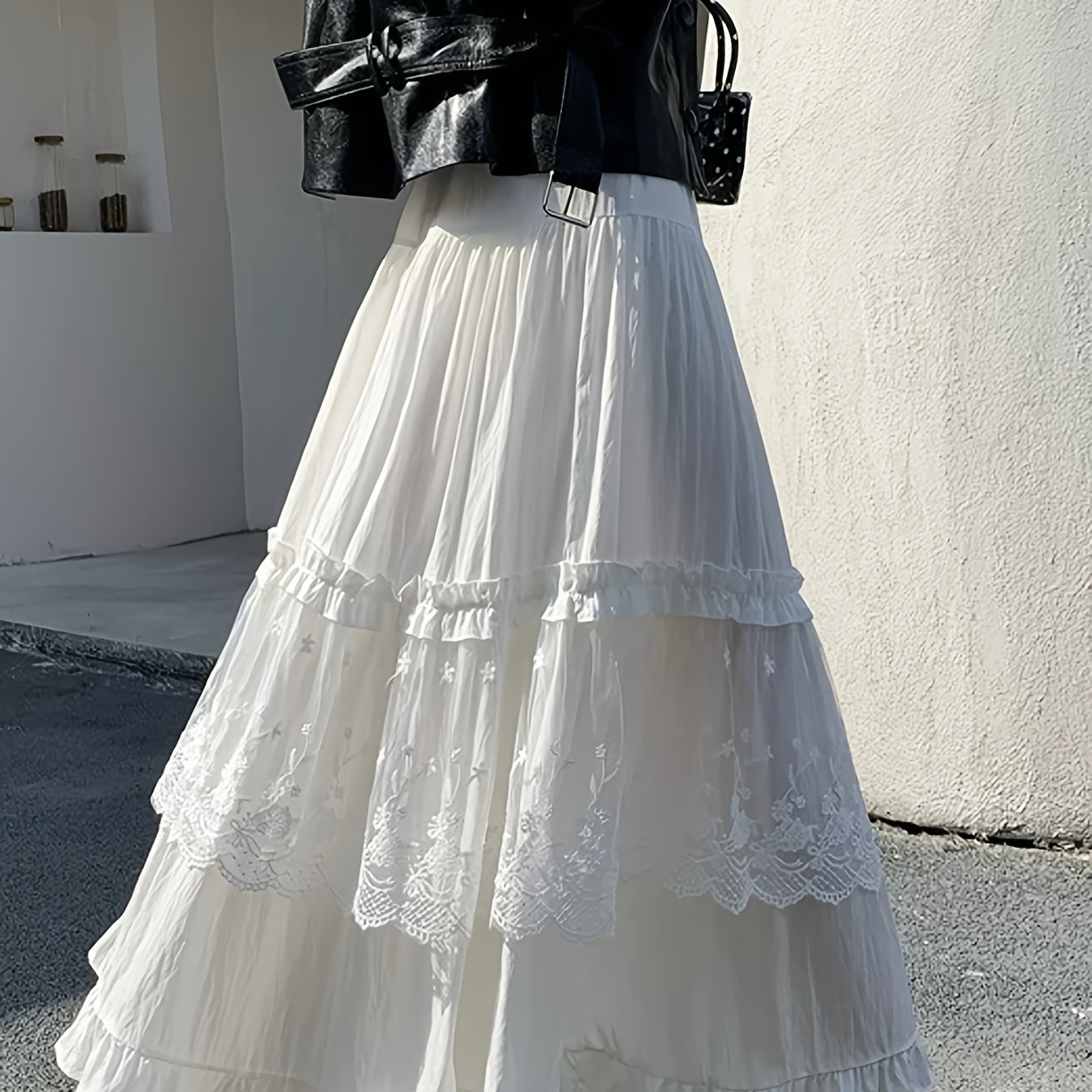 TEMU White Elegant Half Skirt Women's Soluble Lace Embroidery Solid Color Long Dress High Waist Drape Flared A-line Umbrella Skirt