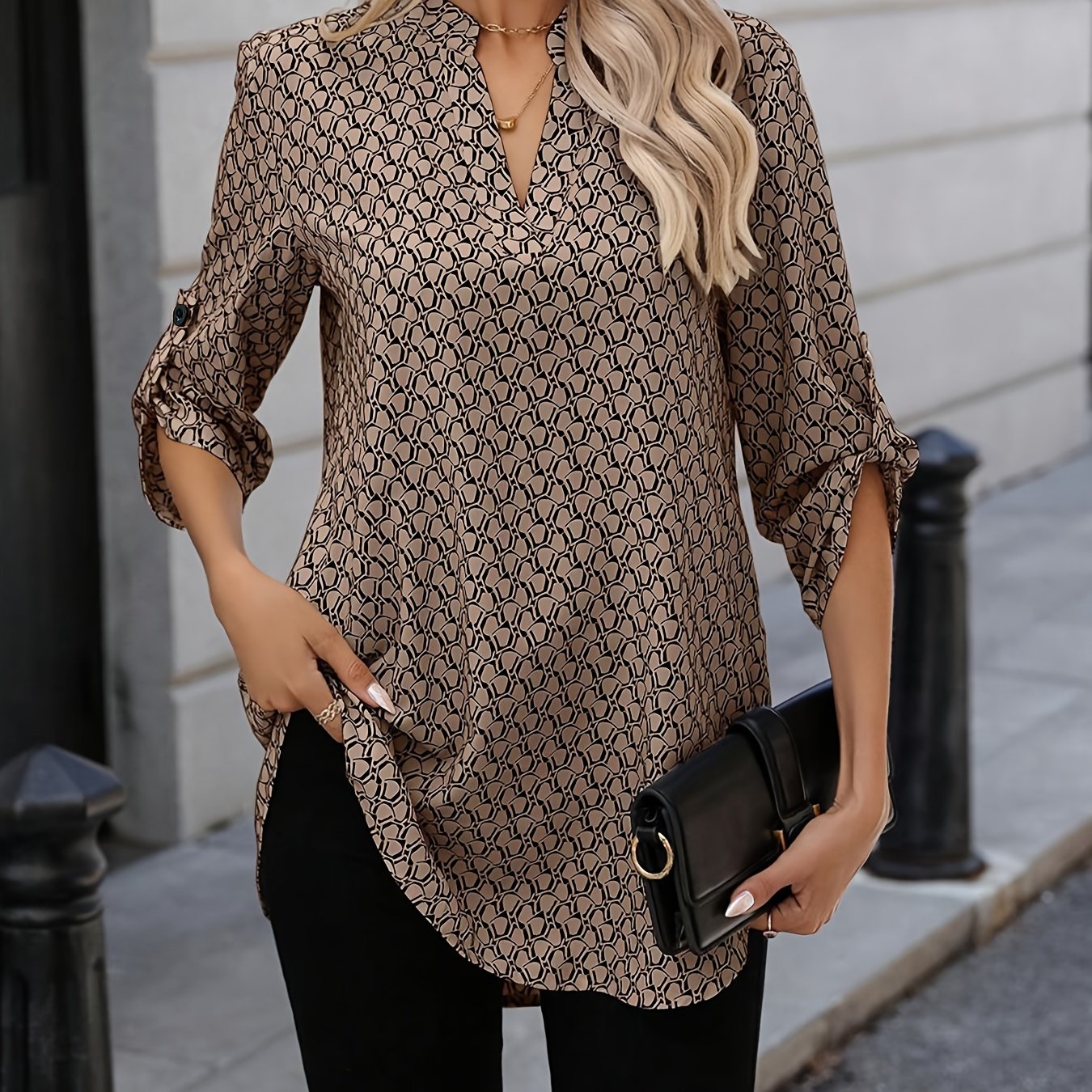 TEMU Allover Print Notch Neck Blouse, Casual 3/4 Sleeve Top For Spring & Fall, Women's Clothing