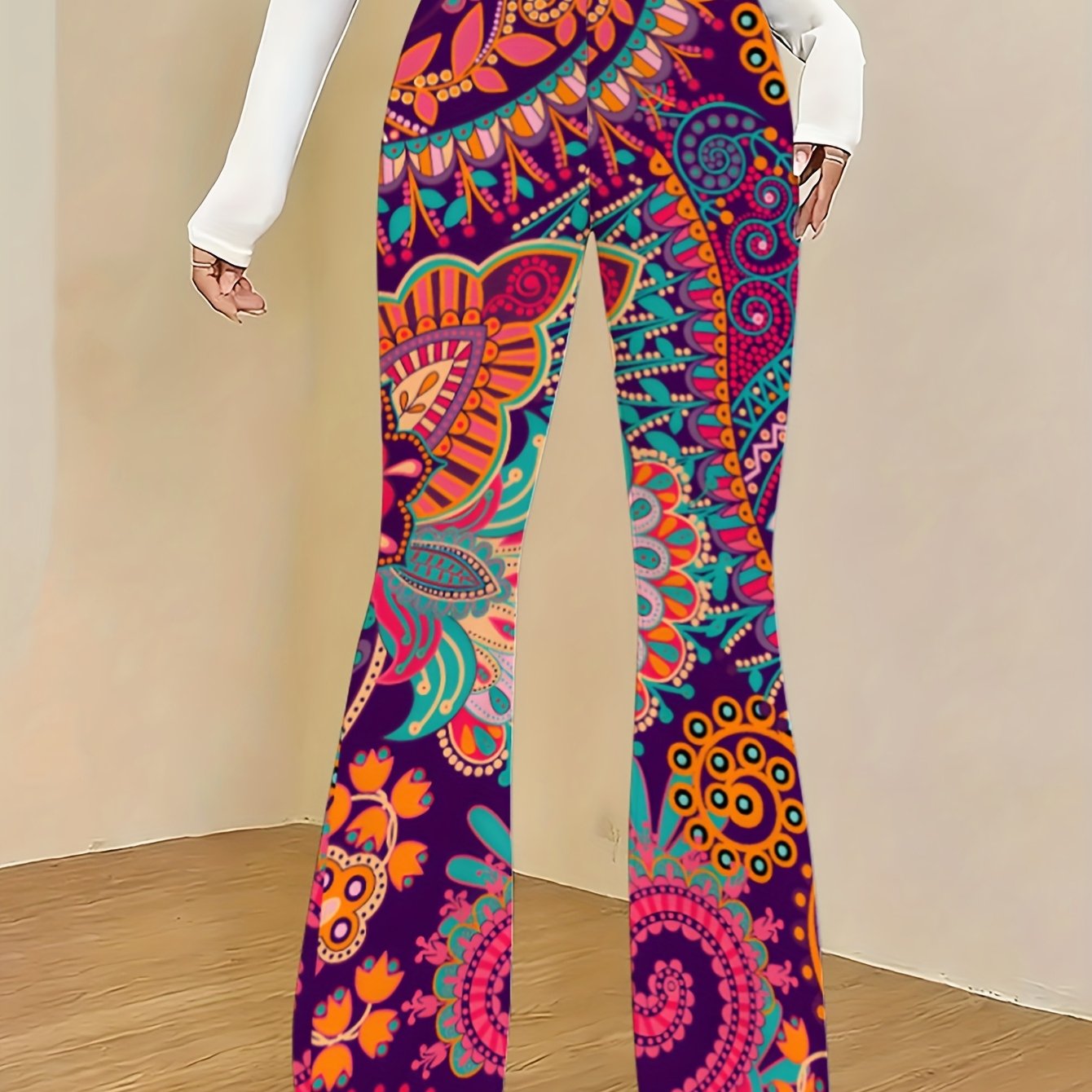 TEMU New Style - Women's Trendy Personalized Flared Pants, Fitted Design That The Figure, Full Of ! Featuring Abstract Prints, Stretchy And Durable