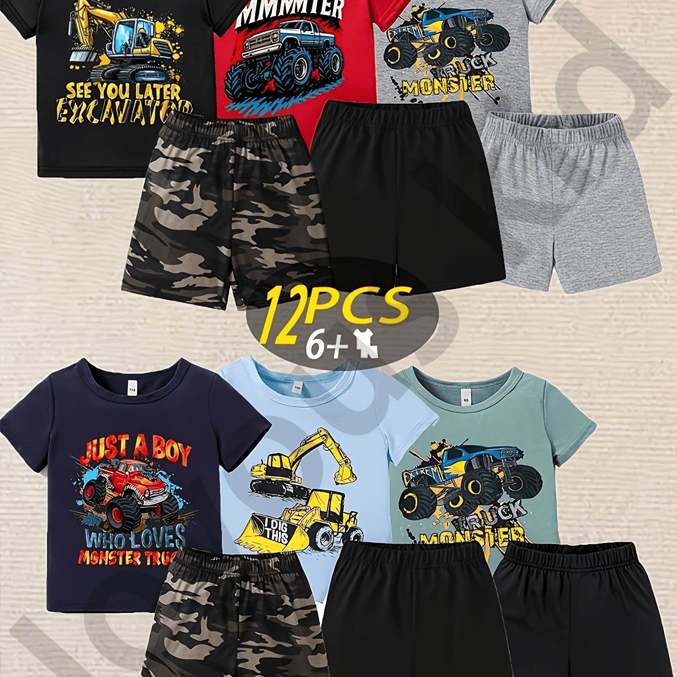 TEMU 12pcs-6 Targeted Development Summer New Boys' Fashion Shorts Set Pattern Splicing Truck Excavator Cool Printing Sports And Leisure Outdoor Set