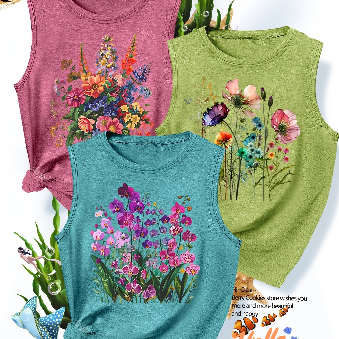 TEMU A Set Of 3 Colorful Floral Print Outfits For , Featuring A Stylish And Elegant Summer Casual Sports Top. Soft And Comfortable, With A Round Neck