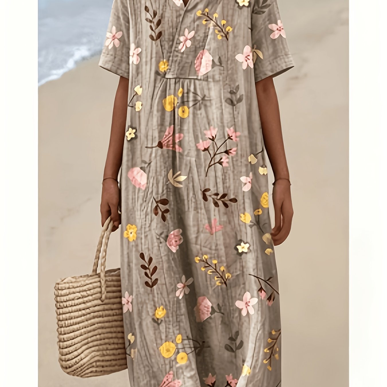 Elegant Women's Printed Midi Dress With Pockets, V-neck Short Sleeves, Loose And Flowy, Summer Beach Vacation Dress