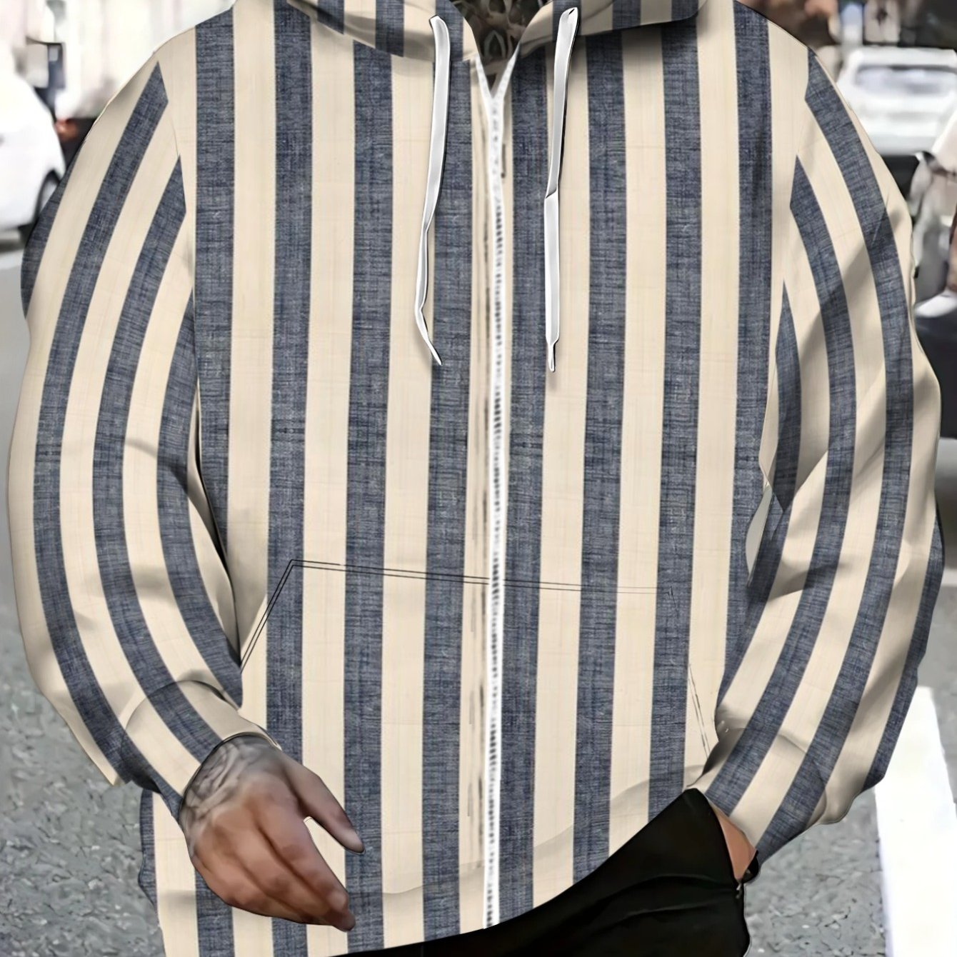 TEMU Men's Striped Hoodie Lightweight Casual Wear For Outdoor Activities And Daily Use, Beige And Navy , Comfortable And Durable, Perfect For Urban