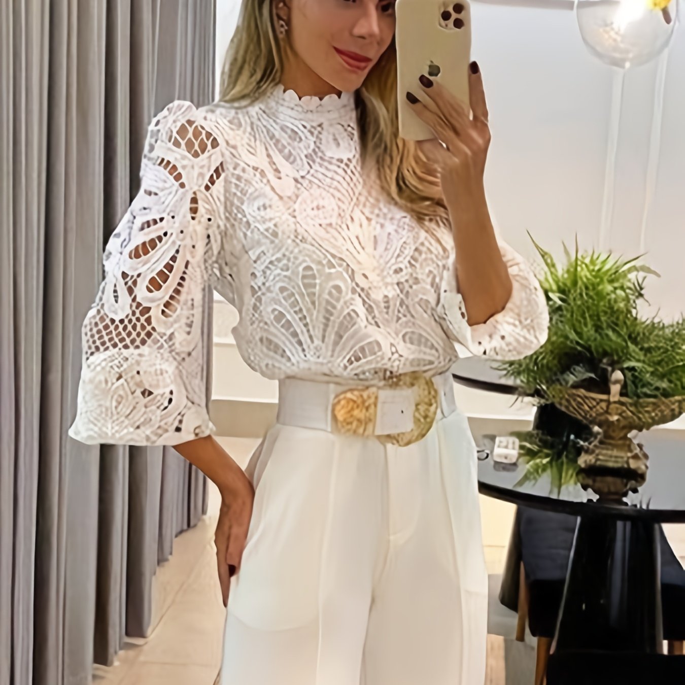 Image of Women's Sexy Lace Blouse - Solid Color Party & Everyday Top, Machine Washable Slim Fit Elegant Shirt For Wear, Non- Smooth (no Under Layers)