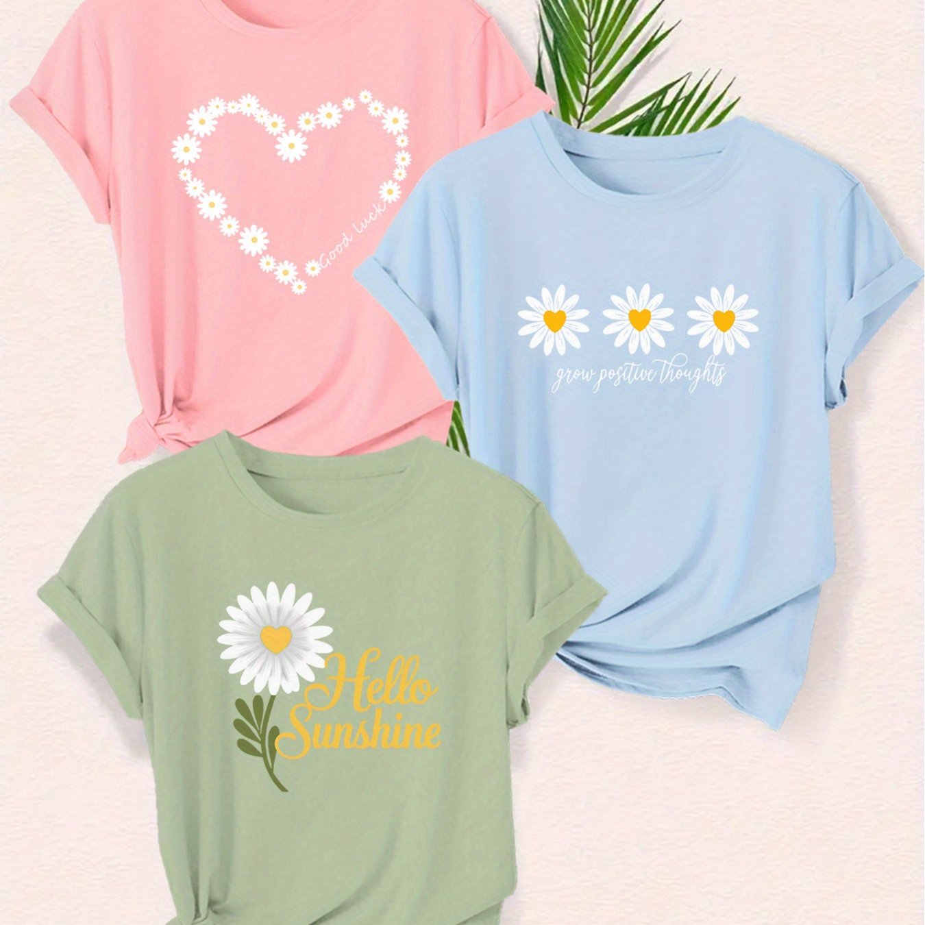 TEMU Ensemble de t-shirts décontractés avec un petit imprimé de marguerites pour la mode printemps/été des femmes en Europe et en Amérique.