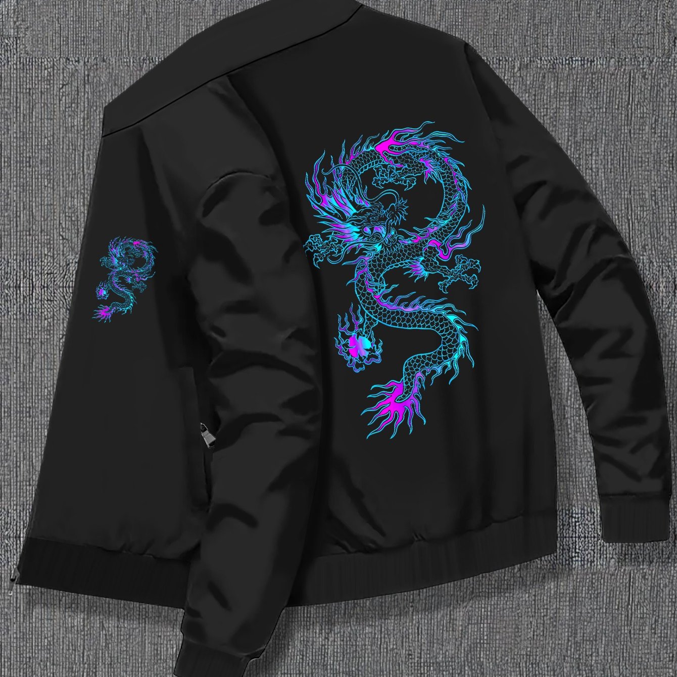 TEMU Vibrant Dragon Print Plus Size Men' Jacket With Stand Collar, Comfy Fashionable Outerwear With Zipper