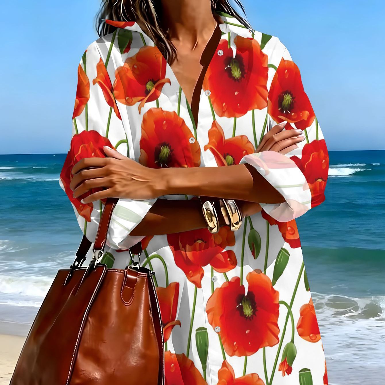 TEMU Women's Fashion Printed Long-sleeve Shirt Dress With Red Flower Pattern, Summer Casual Wear