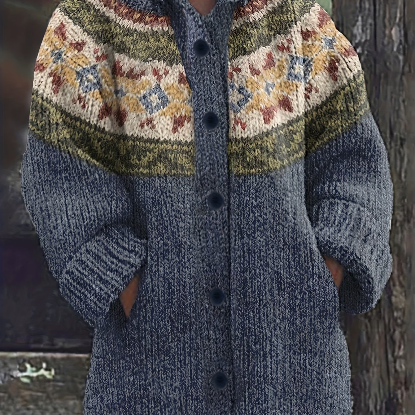 TEMU 3j3 Дамски Ежедневен Кардиган с Качулка - Цветен Геометричен Модел, Ребристи Маншети и Подгъв, Удобство за Всеки Сезон, Отворена Предница,