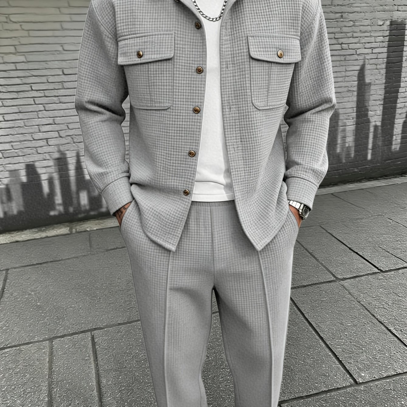 TEMU Men' Color Casual Suit Set Includes A Lapel-collar Long-sleeve Jacket And Matching Casual Trousers. Featuring Lapel Design And Convenient Button