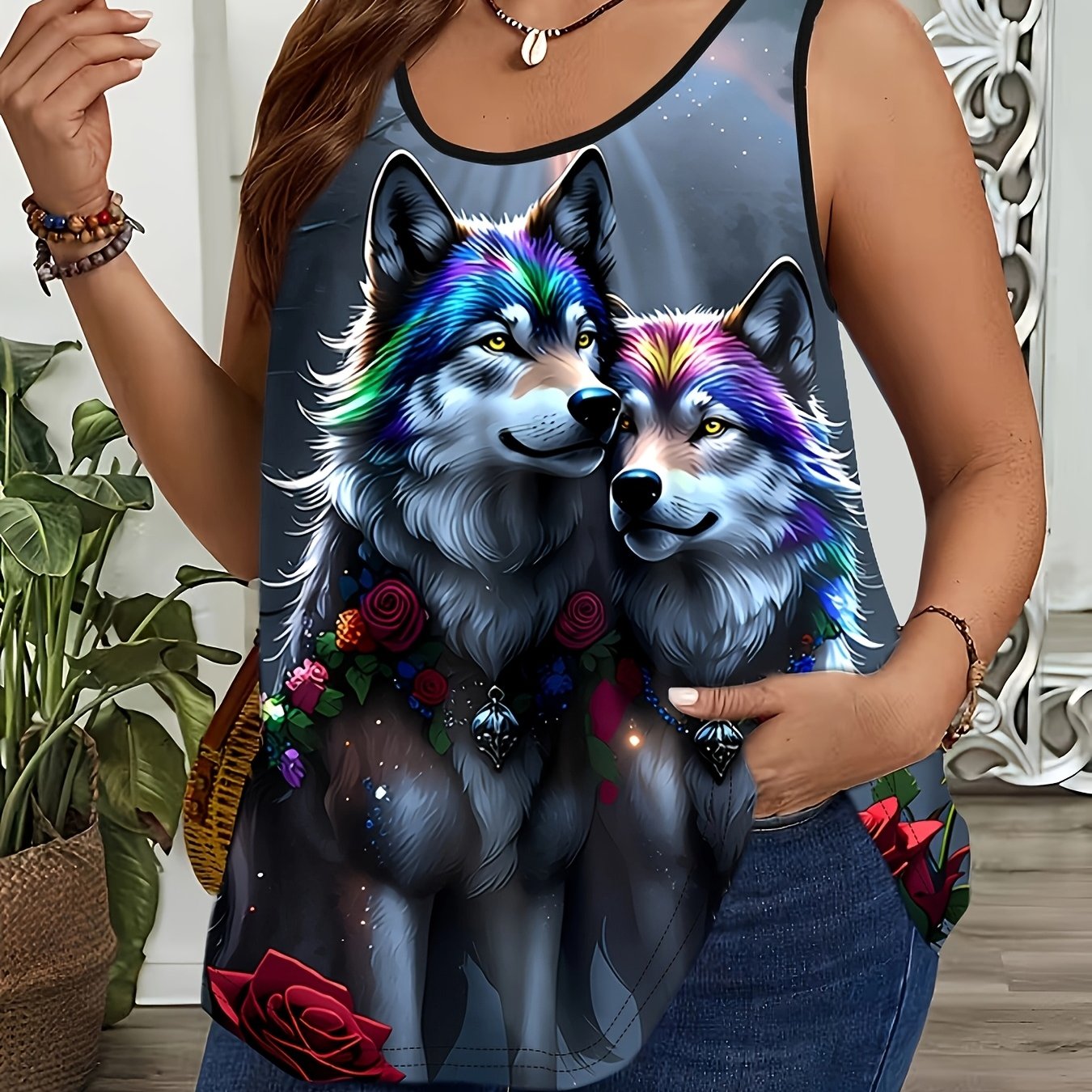 TEMU Plus Size - Plus Size - Iridescent Double Wolf Size Round Neck Vest Fantasy Top