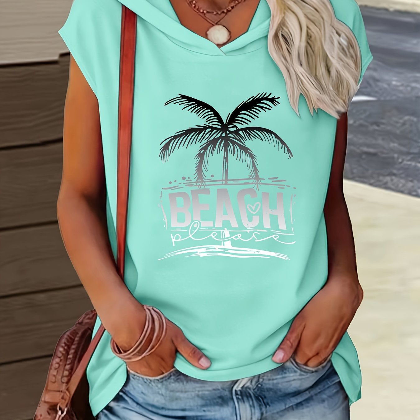 TEMU 1pc T-shirt à capuche Y2K avec imprimé plage et , coupe ample, haut doux et confortable, T-shirt à manches courtes élégant et tendance