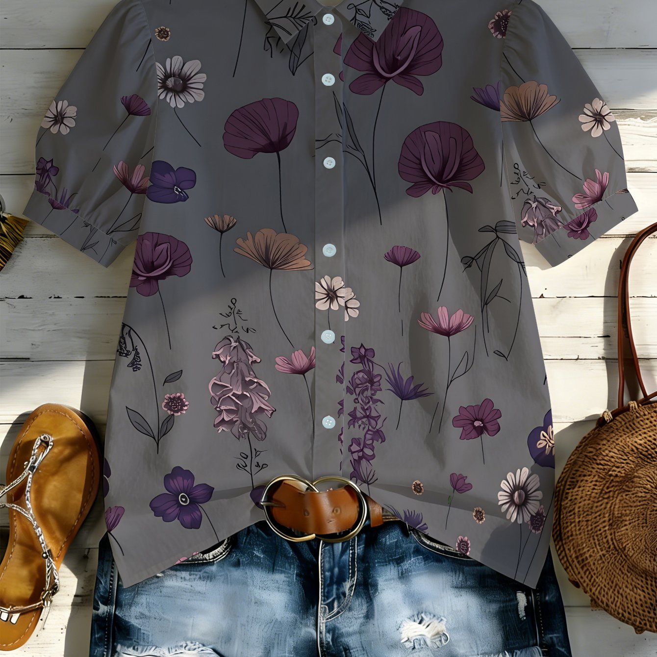 TEMU 1pc Short Sleeve Shirt Collar Full-body Floral Print Blouse Suitable For Daily Commuting, Beach Vacation, Casual & Outdoor Wear - Breathable