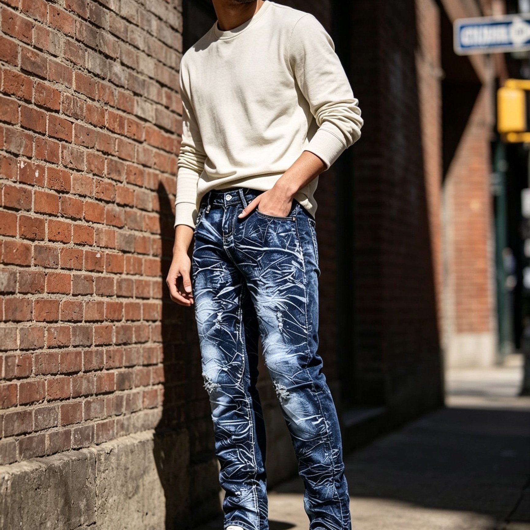 Image of Men's Heavy Duty Washed Denim Patterned Printed Fashion Casual Jeans, Classic Western Denim Stretch Fabric, Trendy And Versatile , Machine Washable Fabric, With Ykk Brand Zipper Inside