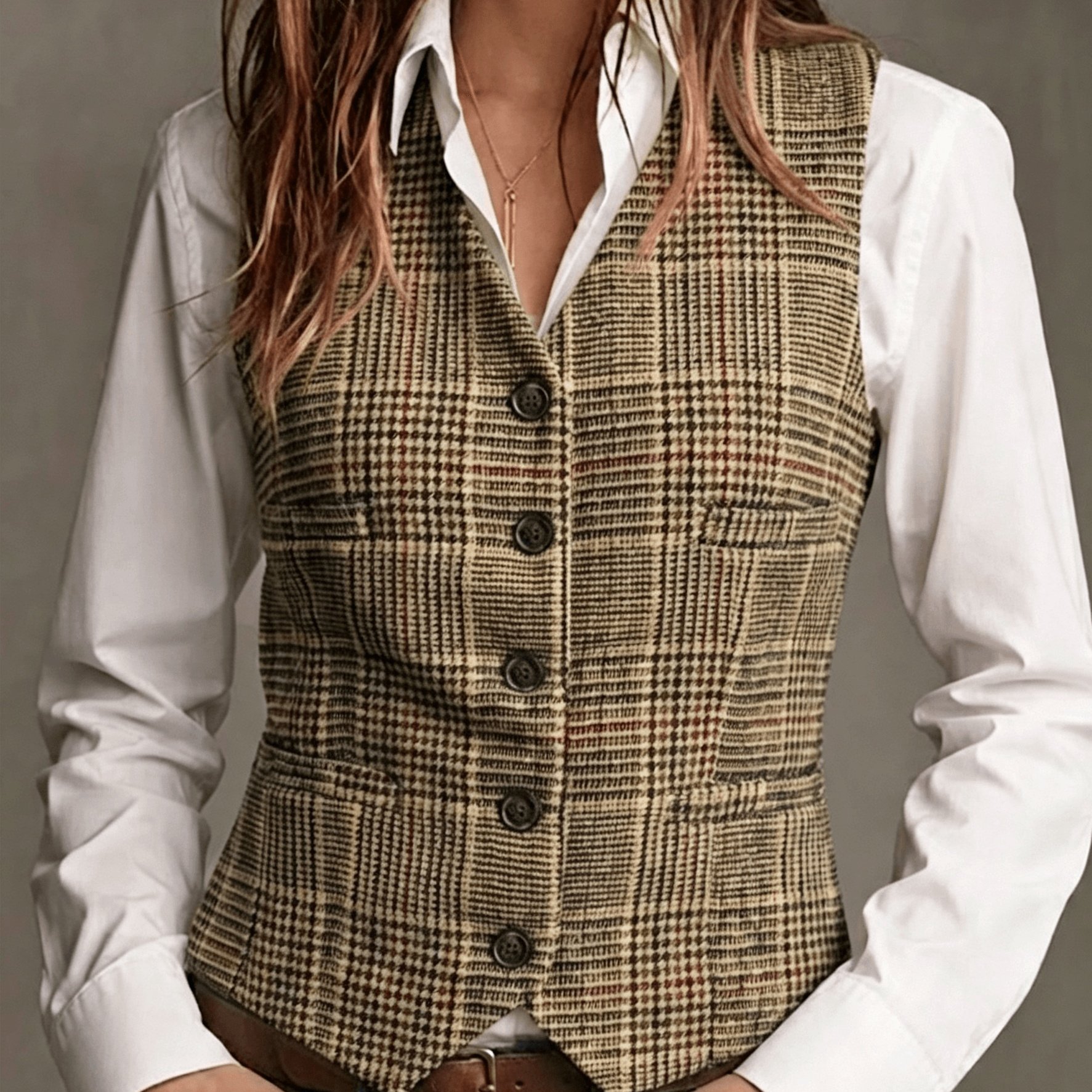 TEMU Spring Autumn Style Women's Retro Elegant Easy Thick Vest With V-neck And Decorative Pockets, Temperament Fashion Top Vest