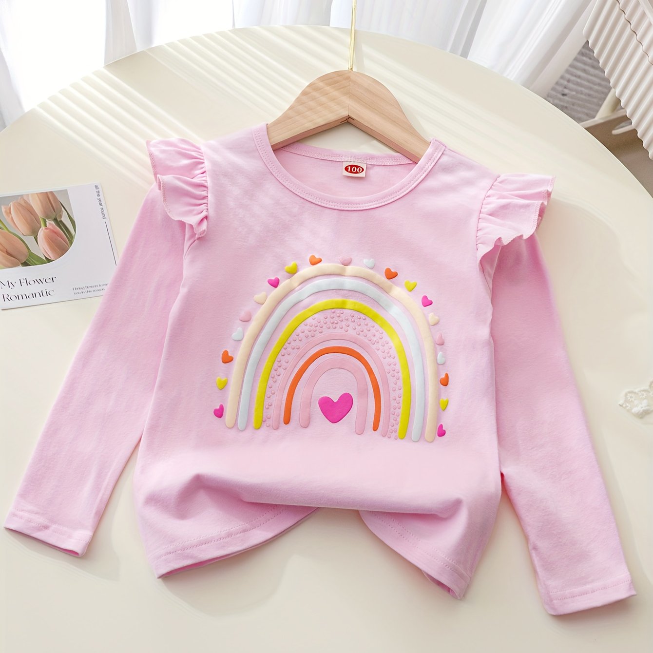 Image of Girls' Spring Autumn Gauze Long Sleeve T-shirt, Small To Medium Size Sweet Cute Rainbow 3d Print Comfortable Breathable Round Neck Base Layer Top