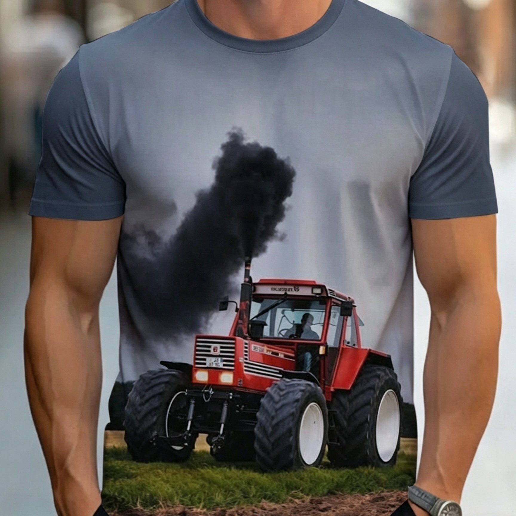 TEMU Men's Funny Tractor Print T-shirt - Full-body Tractor Suitable For Farming, & Lifestyle, Lightweight Durable Workwear, Loose Fit Casual Round