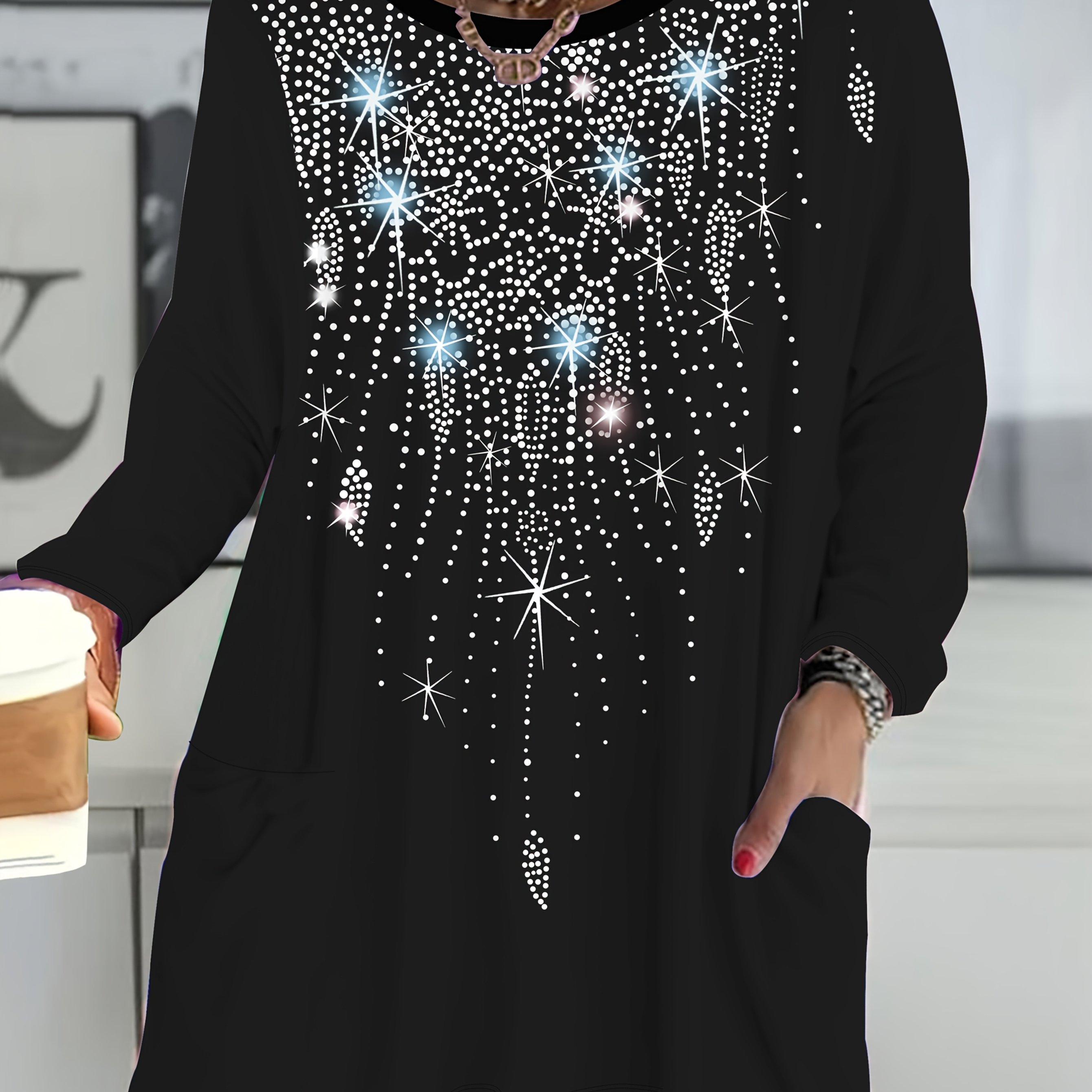 Plus Size, Women's Plus Size Casual Elegant Geometric Long Sleeve Round Neck Pocket T-shirt Top
