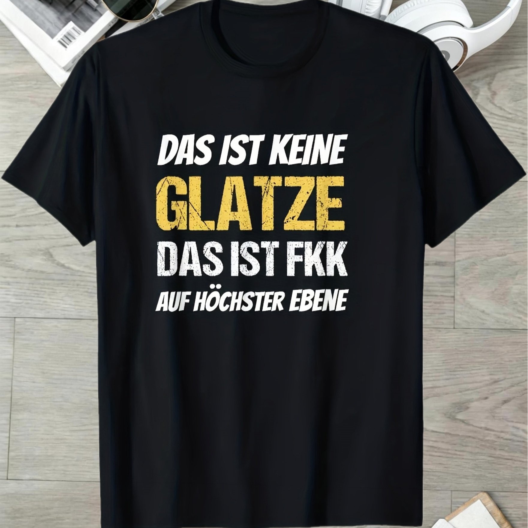 Plus Size Men's Funny Bald Graphic T-shirt- Das Ist Keine Glatze Das Ist Fkk Yellow Text- Black Shirt With White Background- Casual Tee Gym, Parties, Casual Attire, Plus Size