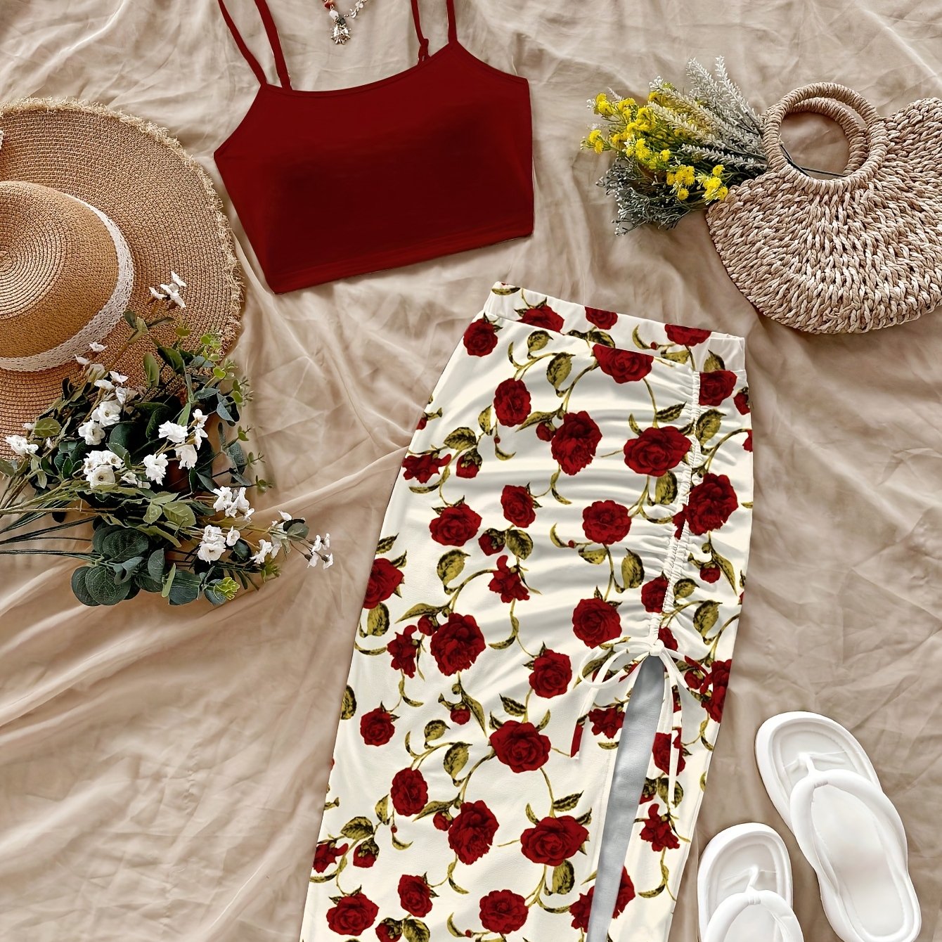 E-shop Damenmode Kurz Bodycon Kleid mit Blumenmuster, Lässiges Urlaubs-Camisole Set für Damen