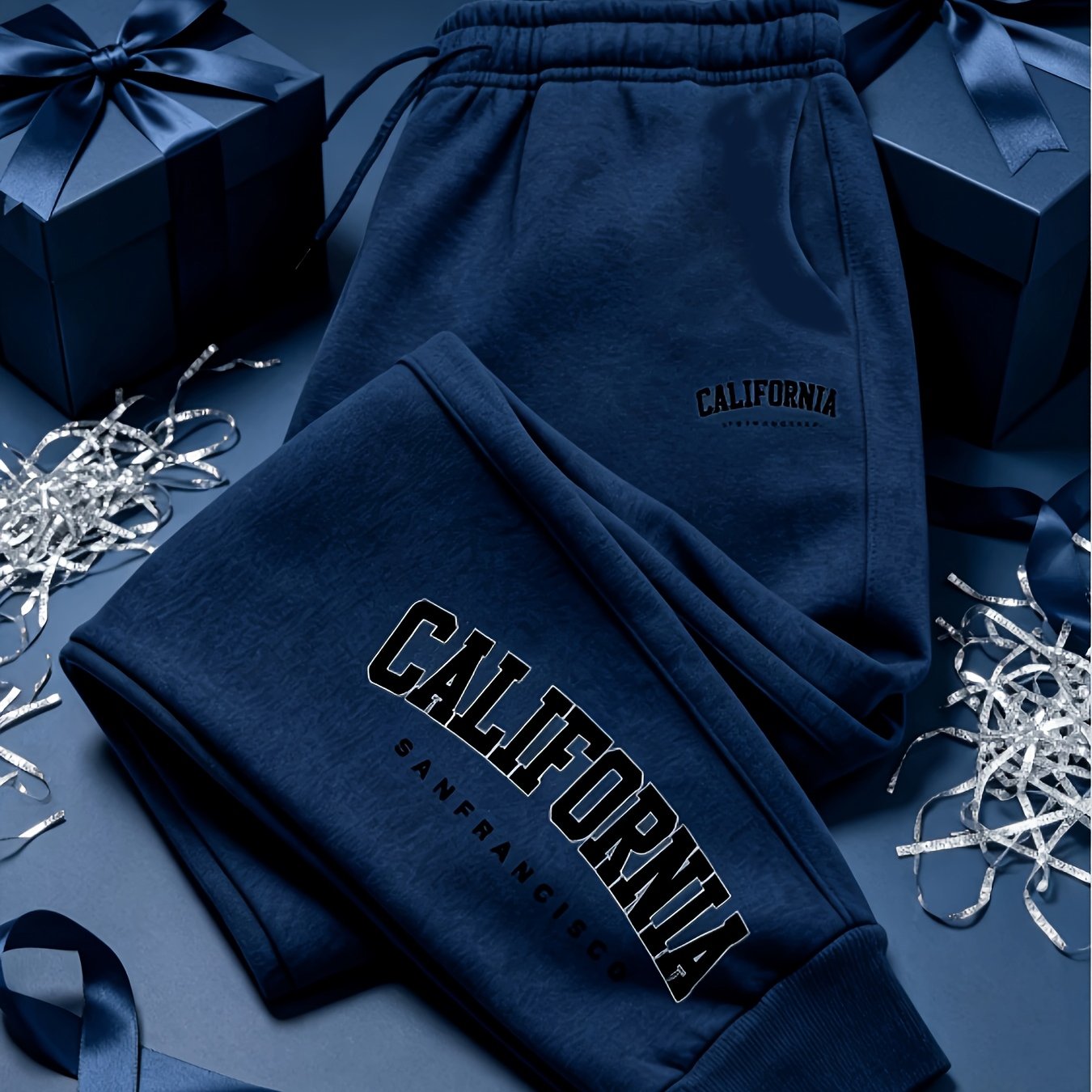 TEMU Men's Style Gray Jogger Pants, Chest Mini Logo + Leg Large California Arch Slogan Print, 100% Polyester Wrinkle Resistant Breathable Drawstring