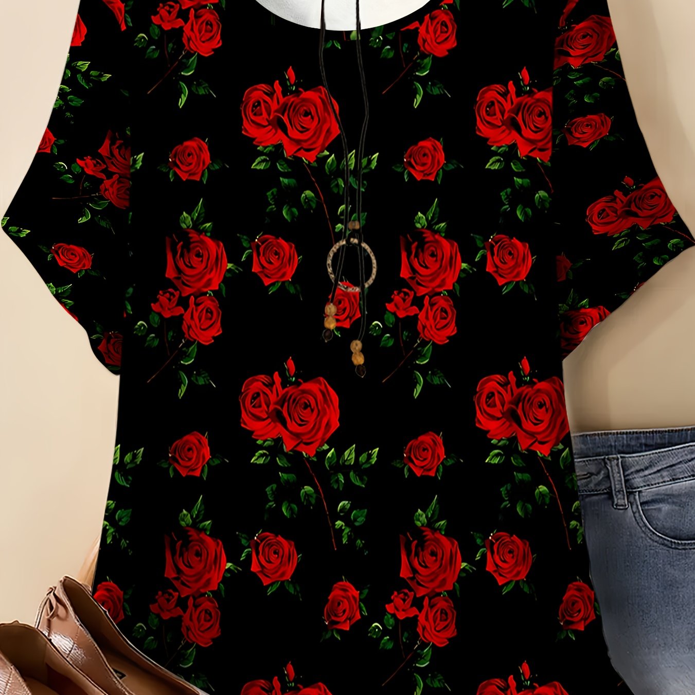 TEMU Women's Round Neck T-shirt, Black Background With Red Rose Print, Suitable For Casual