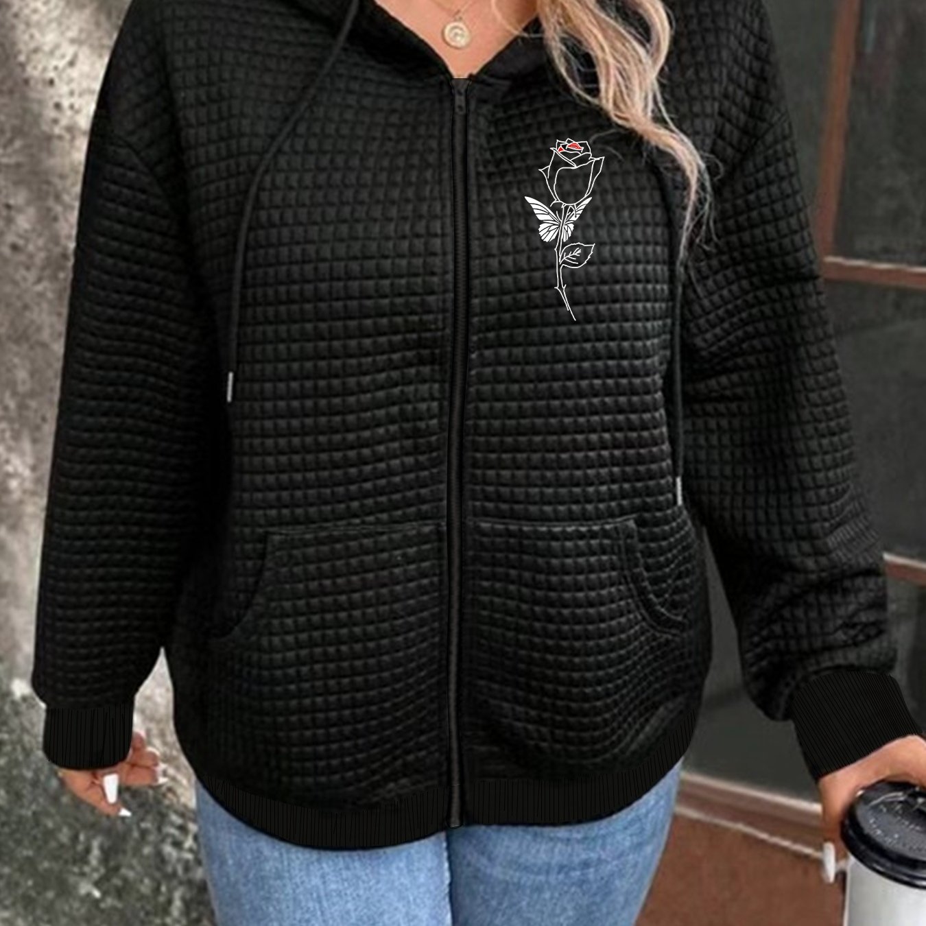 TEMU Women's Plus Size Oversized Waffle- Hooded Jacket - Casual Blazer Coat, Machine Washable Waffle Texture Outerwear For Wear, Comfortable Layering