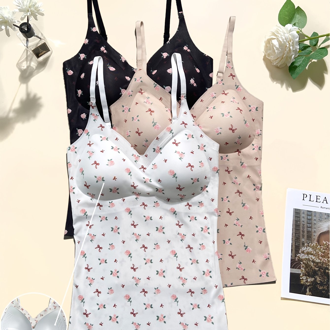 E-shop 3er-Pack Damen-Trägerkleid im neuen Stil, nahtlos mit Blumendruck für alle , dehnbar bequem mit integrierten BH-Einlagen, verstellbaren Trägern,