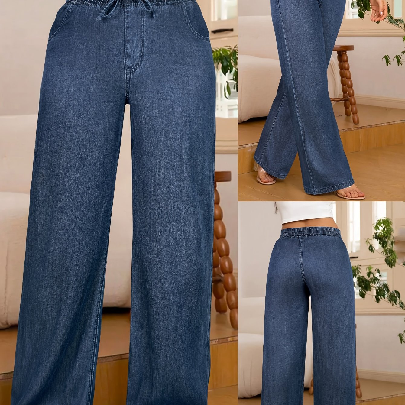 Image of Solid Color Washed Dark Blue Elastic Waist Loose Pleated Jeans, Wide-leg Jeans, Women's Jeans And Spring/autumn Clothing