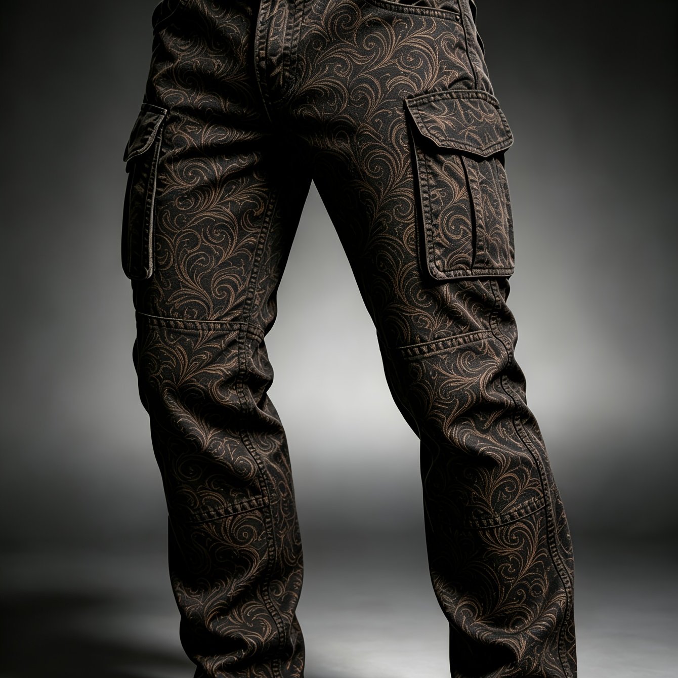 Image of Men's Vintage Suitable For Utility Cargo Pants - Black/brown Retro Scroll Print Straight Leg Trousers With Multi-pocket, Beltless Pants For Urban Streetwear, & Outdoor (machine Washable)