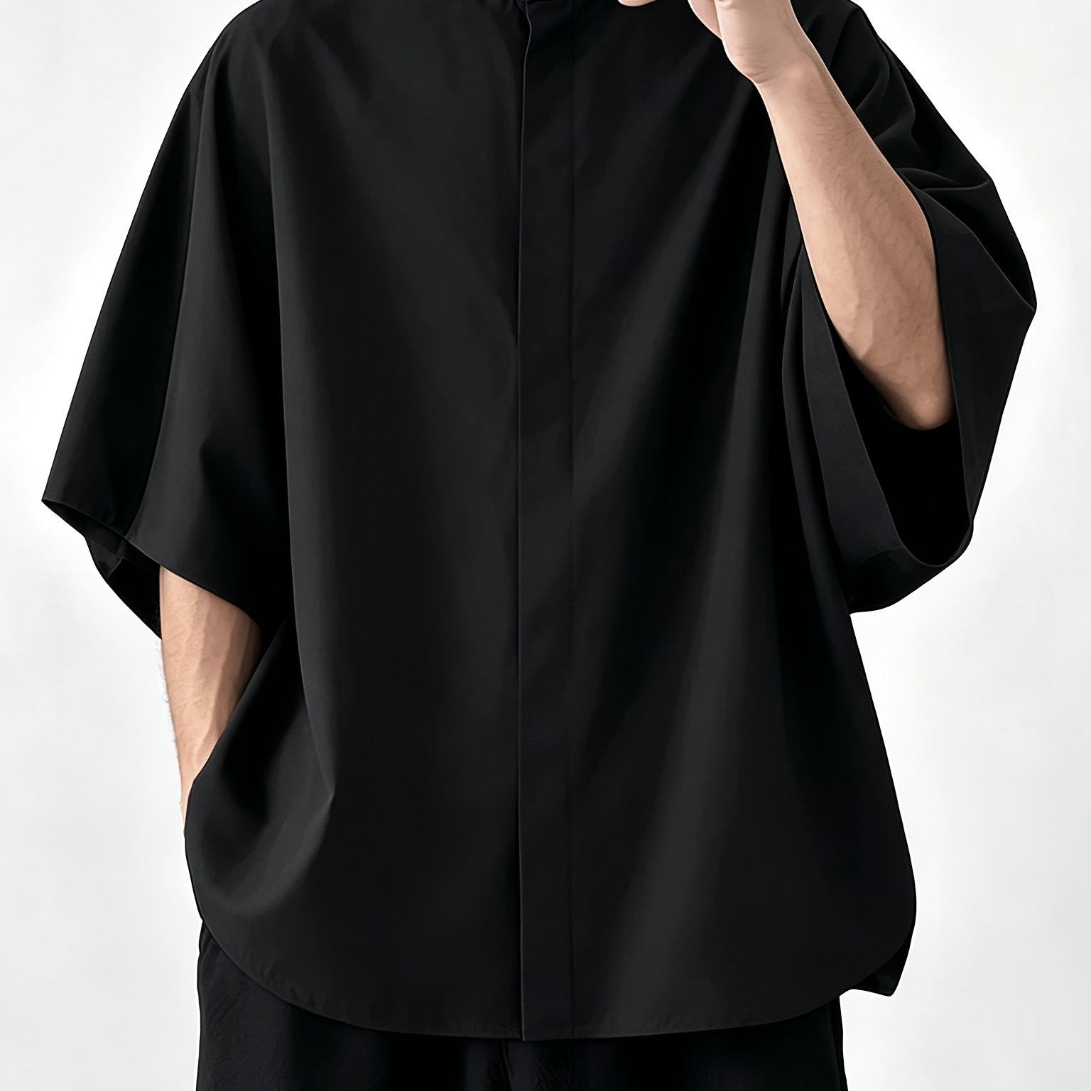 TEMU Old Money Outfits 2026 Summer New Chinese Style Men's Stand Collar Shirt With Drop Shoulder Sleeves, Loose Half-sleeve Design, Hidden Buttons,