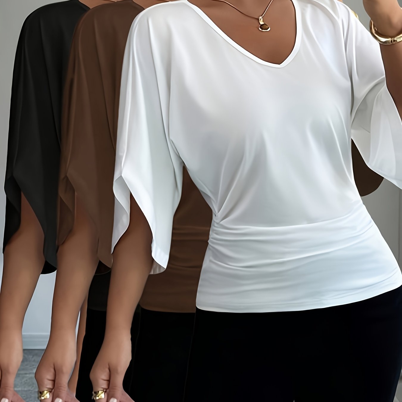 Women's 3pcs Set Batwing Sleeve V-neck Solid Color Slim Fit Elegant Commuting Short Sleeve T-shirt