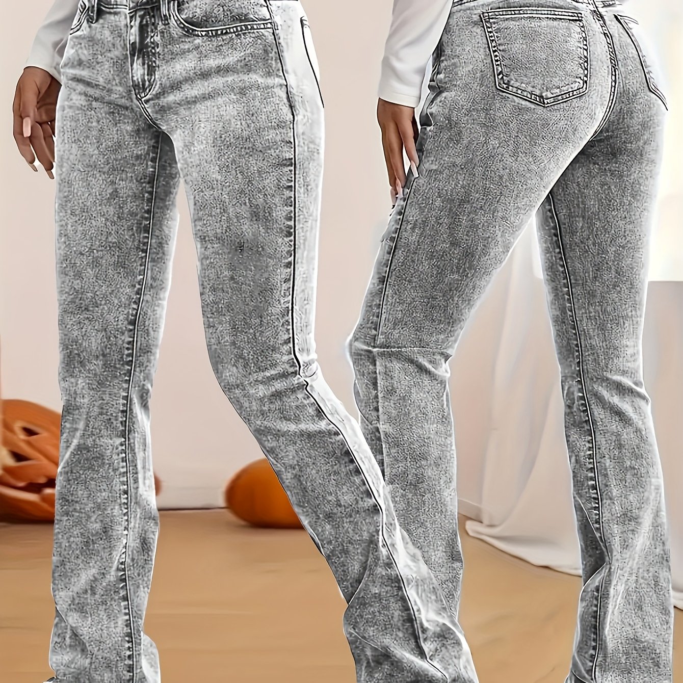 TEMU 2026 New [long Length Skinny Flare Jeans] Women's Casual Skinny Flare Jeans, Long Length, Low Waist, Button Fly, Medium Stretch, , Solid Color