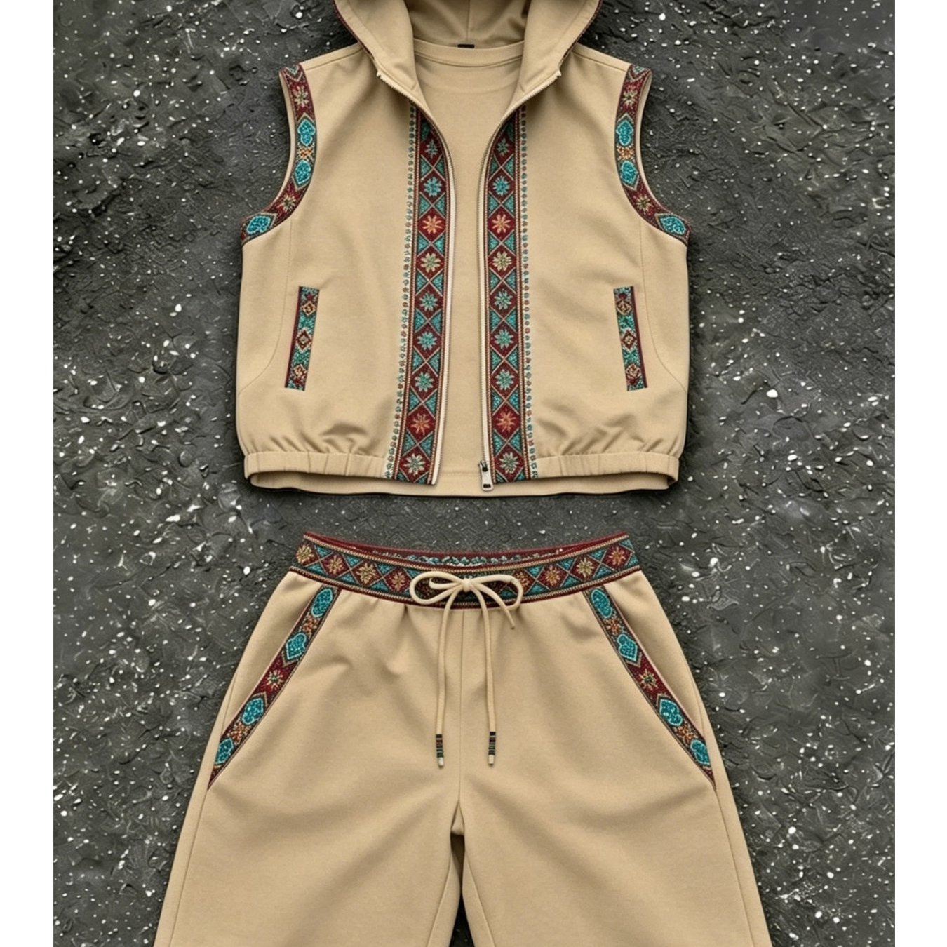 Men's Casual Suit Sleeveless Hooded Men's Suit Casual Trendy Ethnic Geometric Pattern Zipper Vest Drawstring Shorts Adult Men's Fashion Streetwear Casual Outfit