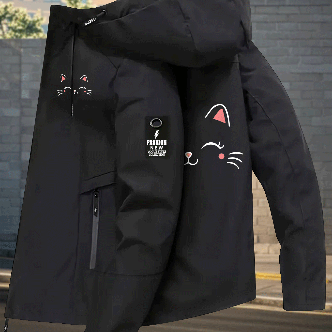 TEMU Women's S Jacket With Cute Cartoon Cat Face Print, Lightweight Casual Windbreaker For Women, Adorable Cat-themed Jacket