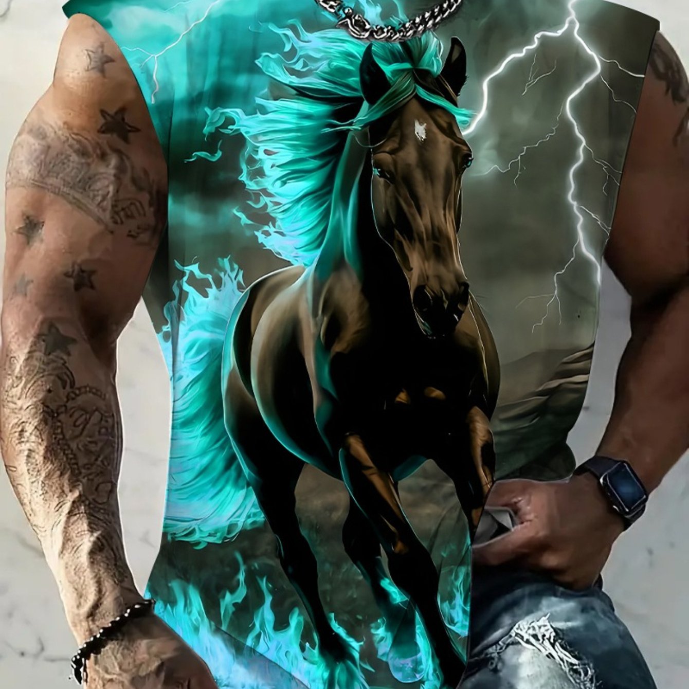 Men's Plus Size Wide - Strap Tank Top, Printed With Domineering - Flaming Horse, Loose & Breathable Sleeveless T - Shirt For Sports, Trendy Streetwear, Casual Gym, Fashionable, Plus Size