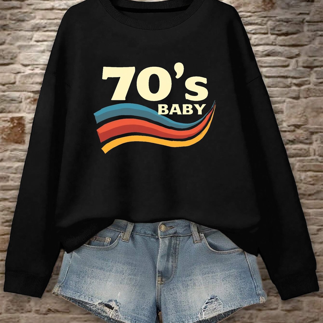 TEMU Retro Design Graphic Print Sweatshirt, Crew Neck Casual Sweatshirt For Fall & Spring, Women's Clothing