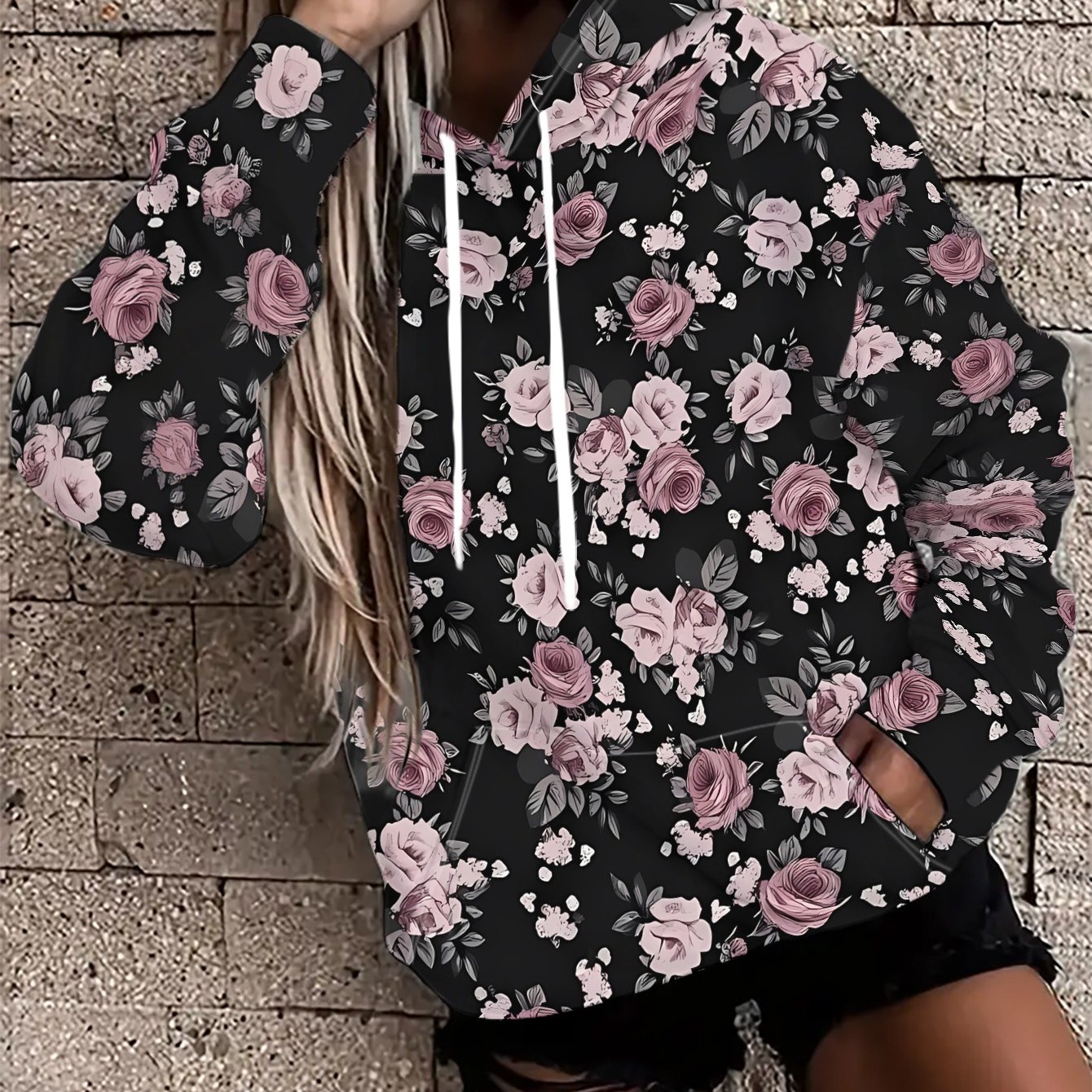 TEMU A Women's Hoodie Featuring A Black Background With Pink And Purple Flowers Along With White . This Fresh And Elegant Floral Print Pullover Is