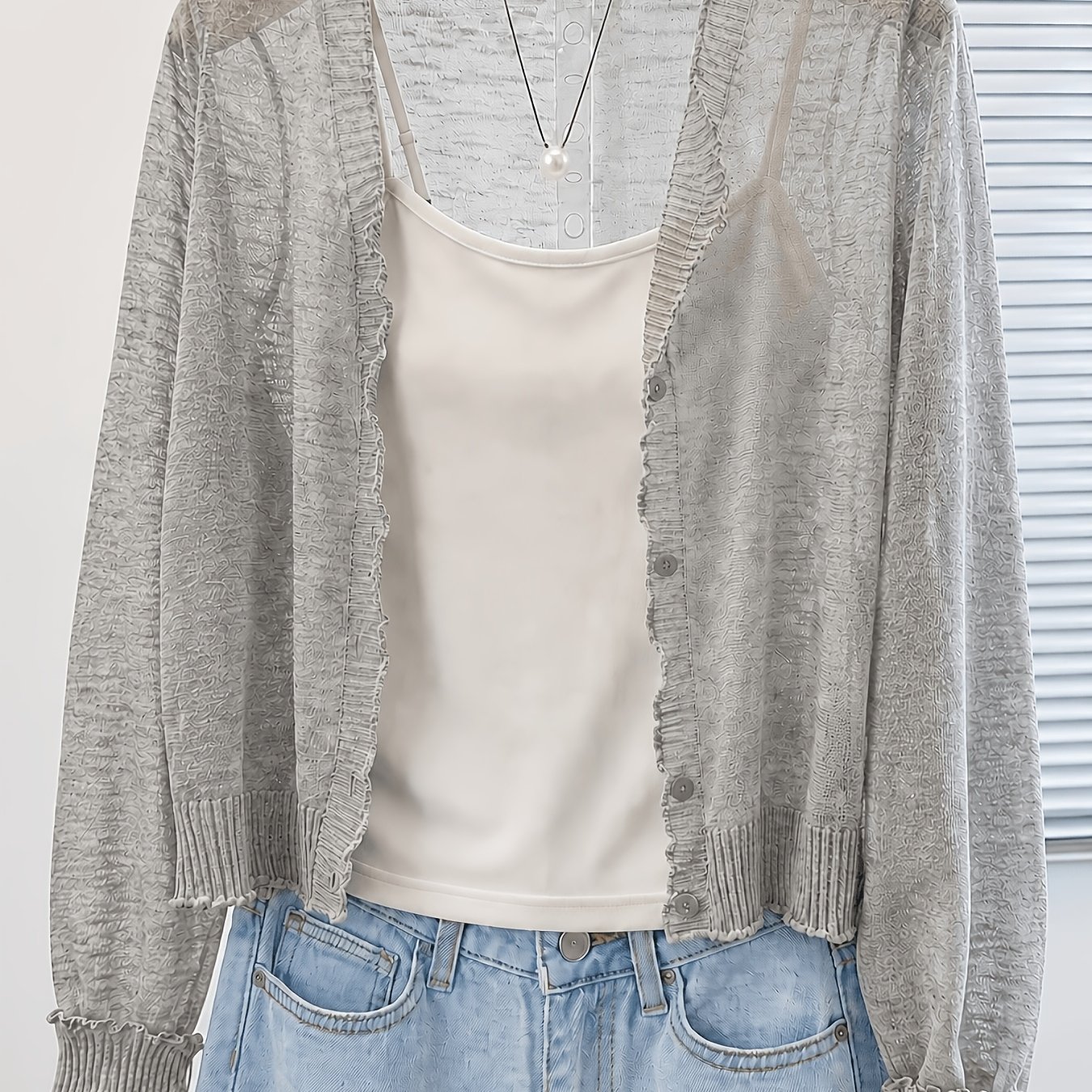 TEMU Cardigan d'été fin pour femmes, short veste à manches longues ouvertes avec bordure à volants, couvre-soleil léger et décontracté