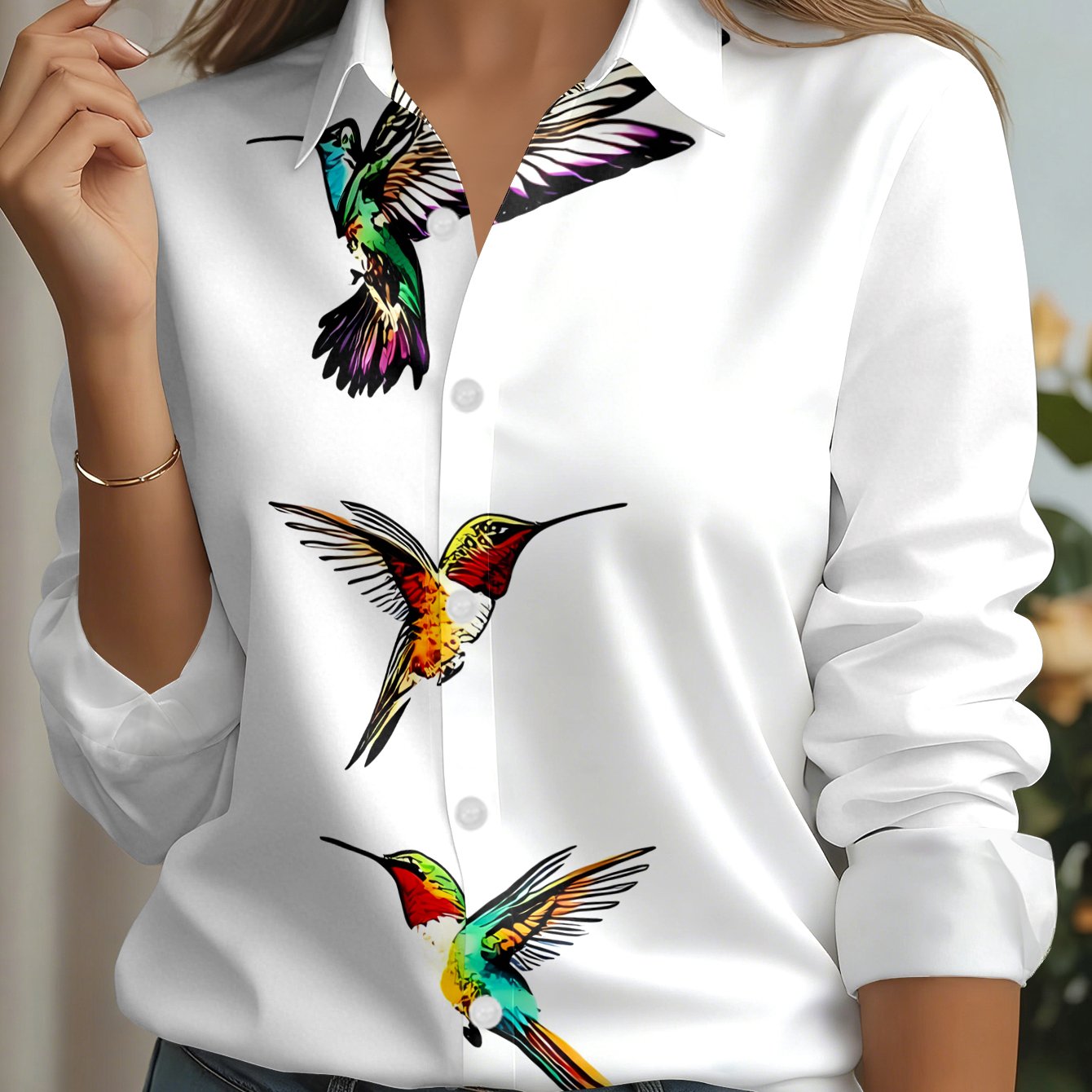 TEMU Ladies' Casual Shirt Featuring 3 Different Colored Hummingbirds In Flight - A New Seasonal Style, Relaxed Fit Shirt, Suitable For Commuting,