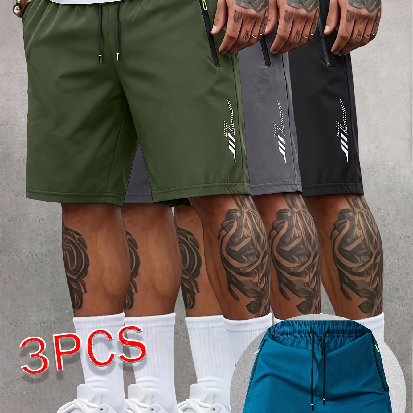 TEMU 3pcs. Fashionable Casual Sports Shorts For Men And Women, Suitable For , With Side Zipper Pockets, Elastic Drawstring At The Waist, Soft And
