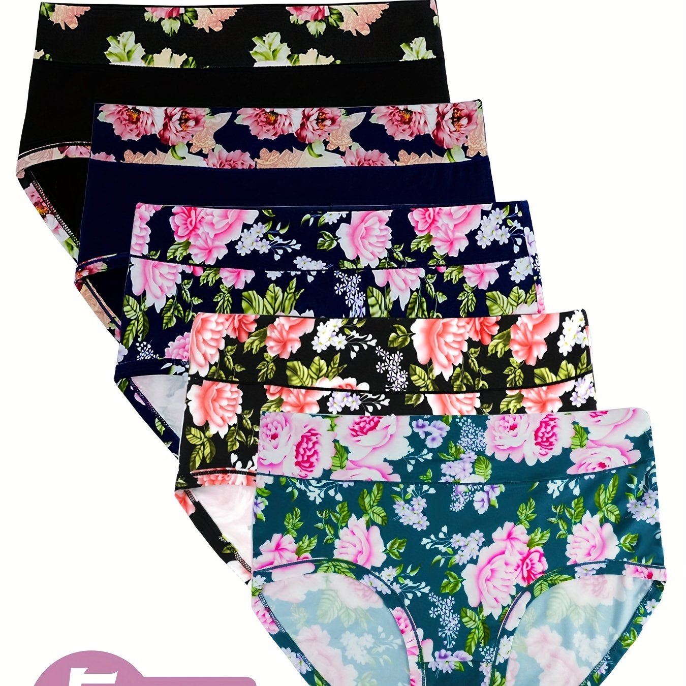 TEMU 5pcs New Elegant Women' Panties With Rose Floral Print High-waist Underwear, Slicky Fiber Fabric, Comfortable, Close-fitting, Soft, Women's