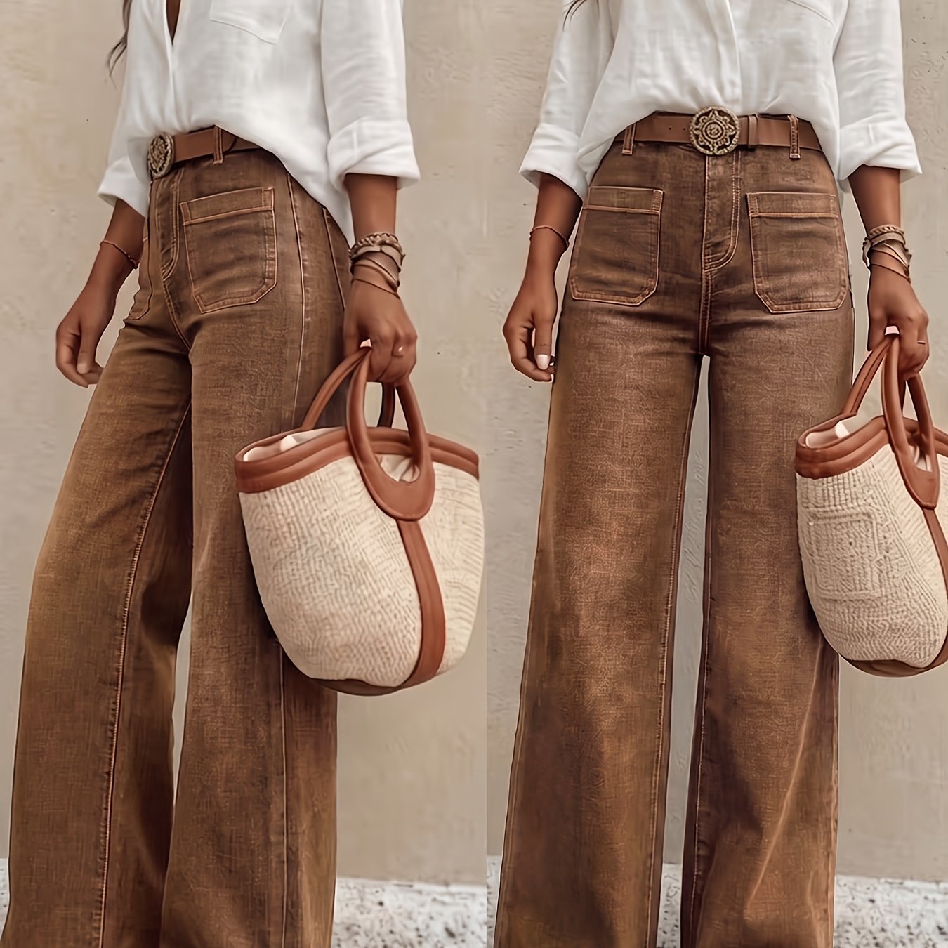 Image of Ladies' Wide-leg Jeans, Water-washed Brown Loose Straight-leg Jeans, High-waist Tummy-revealing Jeans, Street-style Women's Clothing, Comfortable Denim Fabric Long Pants Suitable For (beltless)