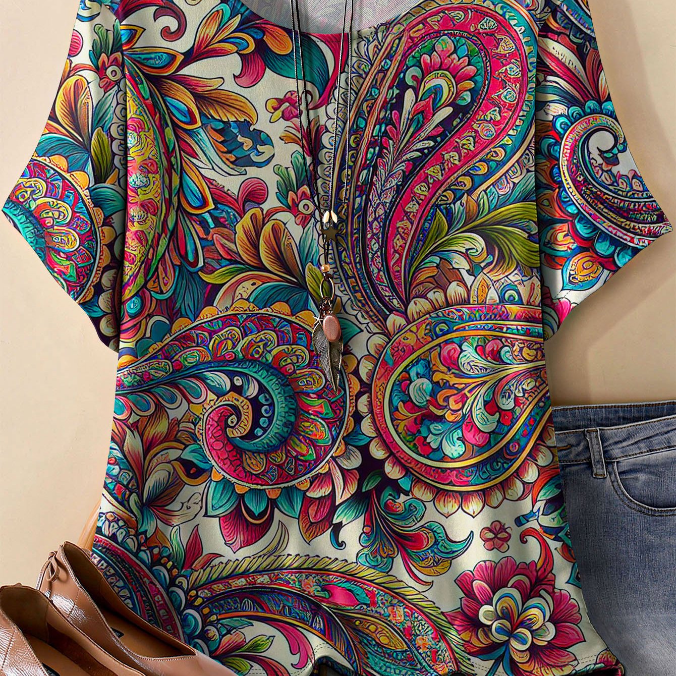 Plus Size - Plus Size - Plus Size Women's Paisley Pattern T-shirt | Casual Short-sleeved Round-neck Top, Bright Multicolor , Stretchy And , Machine Washable, Suitable For Spring, Summer, And