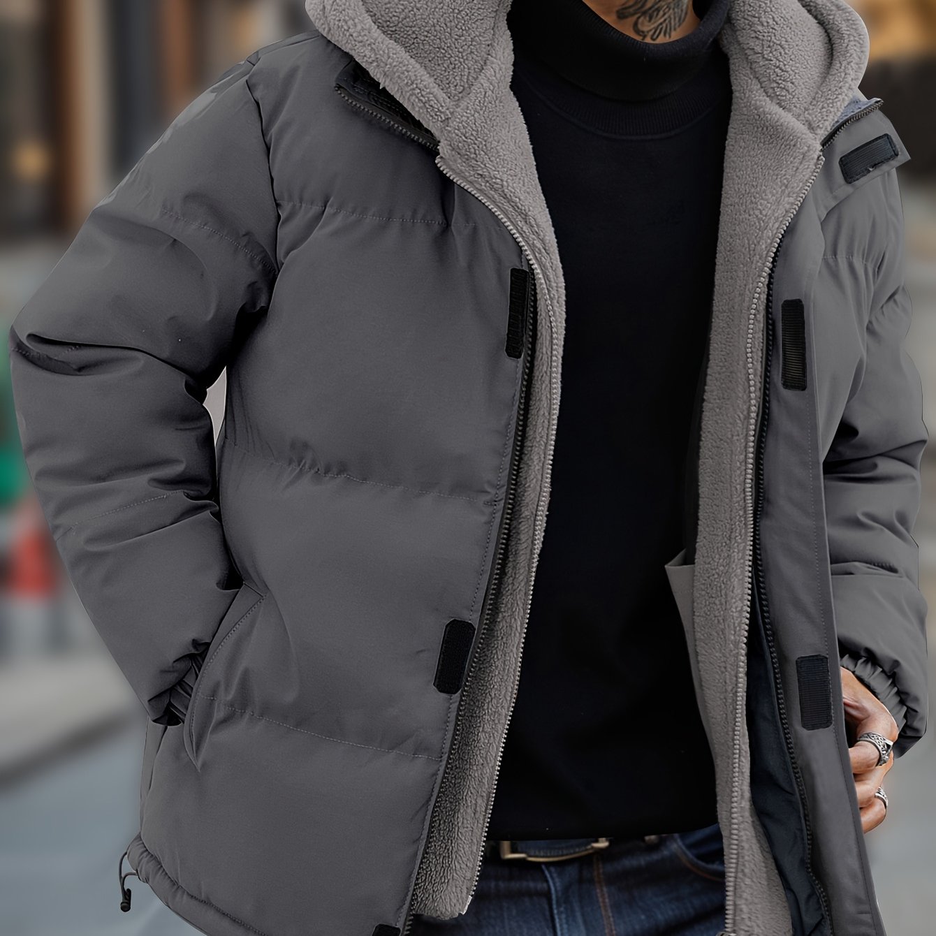 E-shop Herren Winterjacke, verdickt, 2-in-1-Look, warme, winddichte Kapuzenjacke mit , gefütterter Kunstdaunemantel
