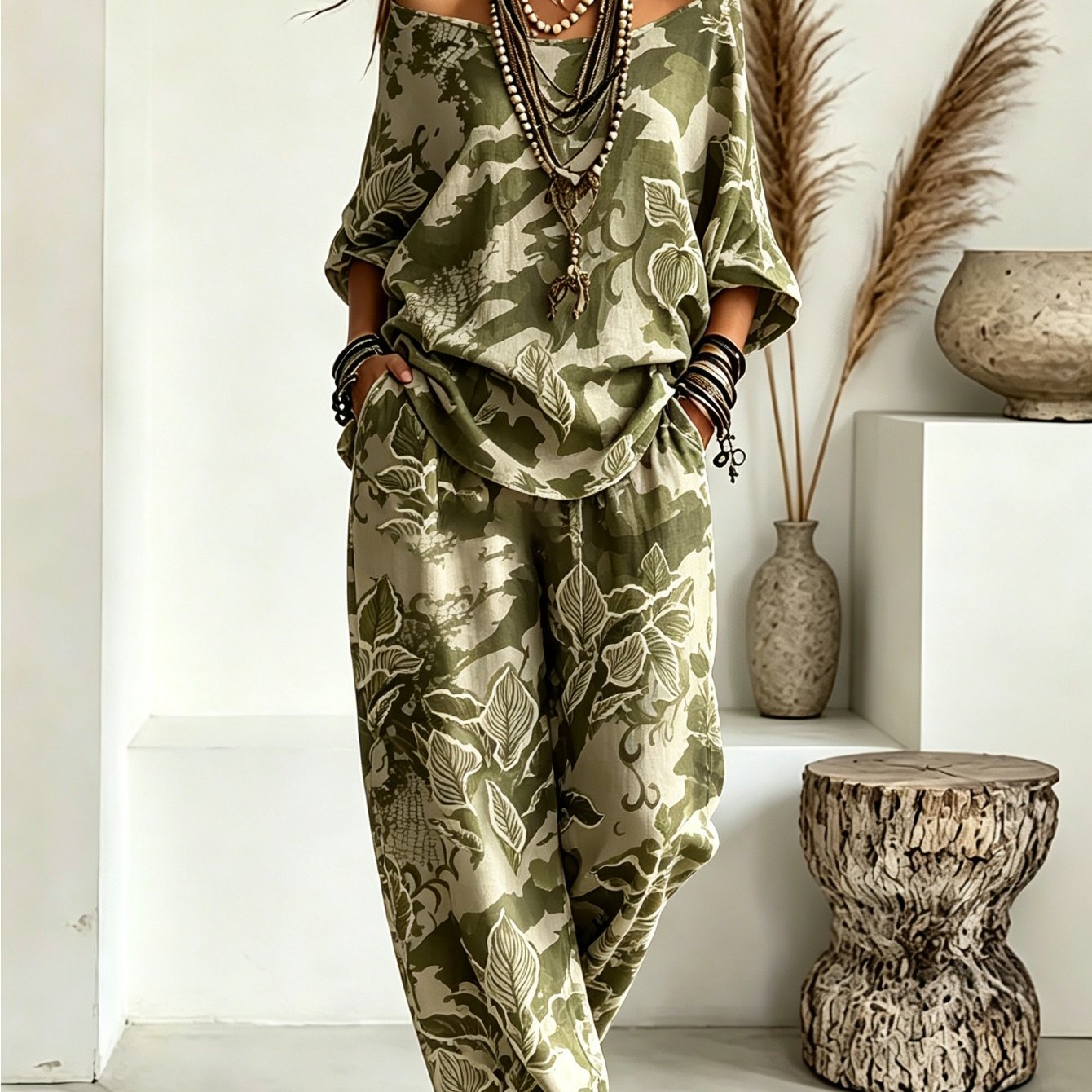 2pcs Set, Women' -word Shoulder Top And Wide-leg Pants, Retro Camouflage Tropical Big-leaf Plant Print, Casual Wear For Coastal In The